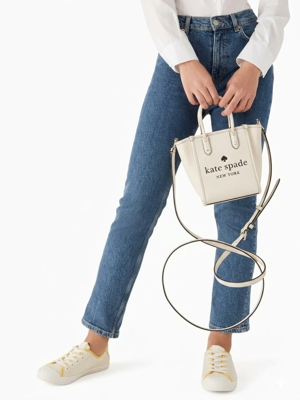 kate spade Cream Mini Convertible Crossbody Tote with Black Logo